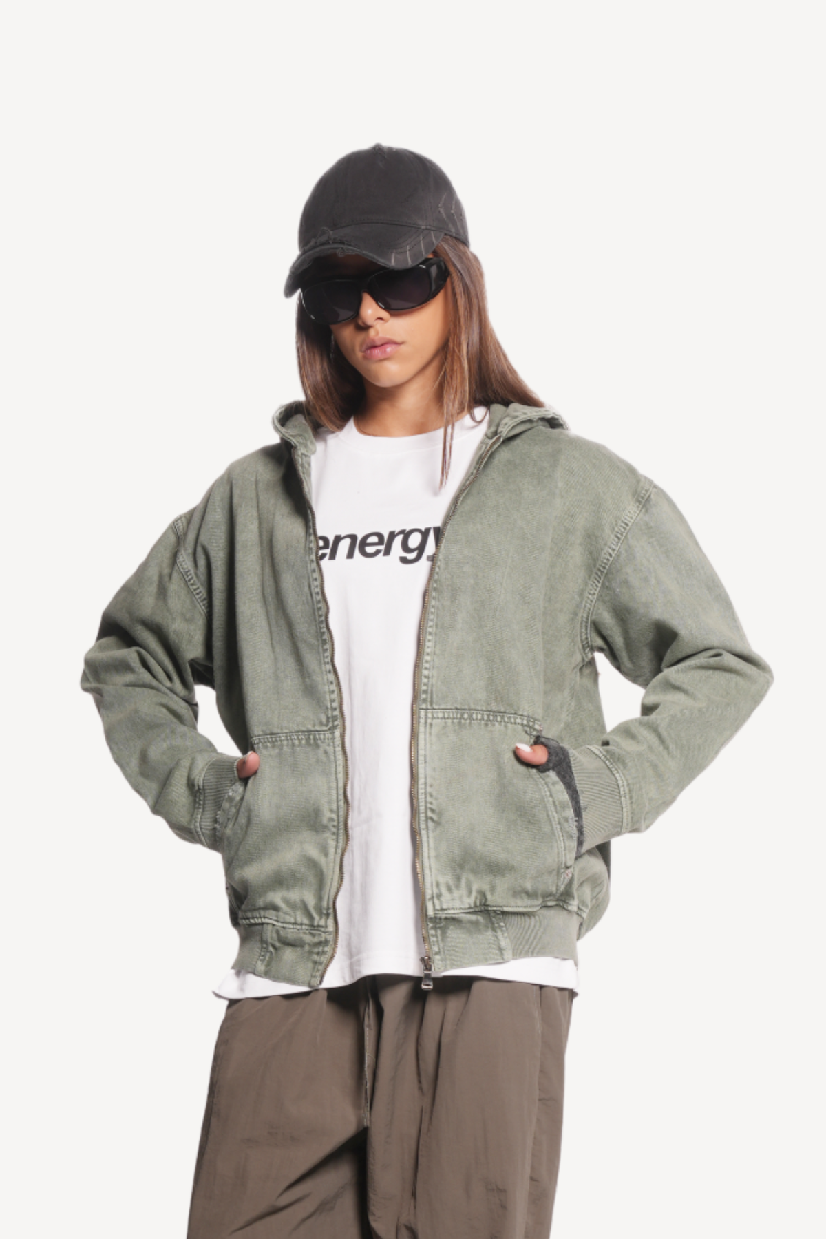 hooded denim jacket [green]