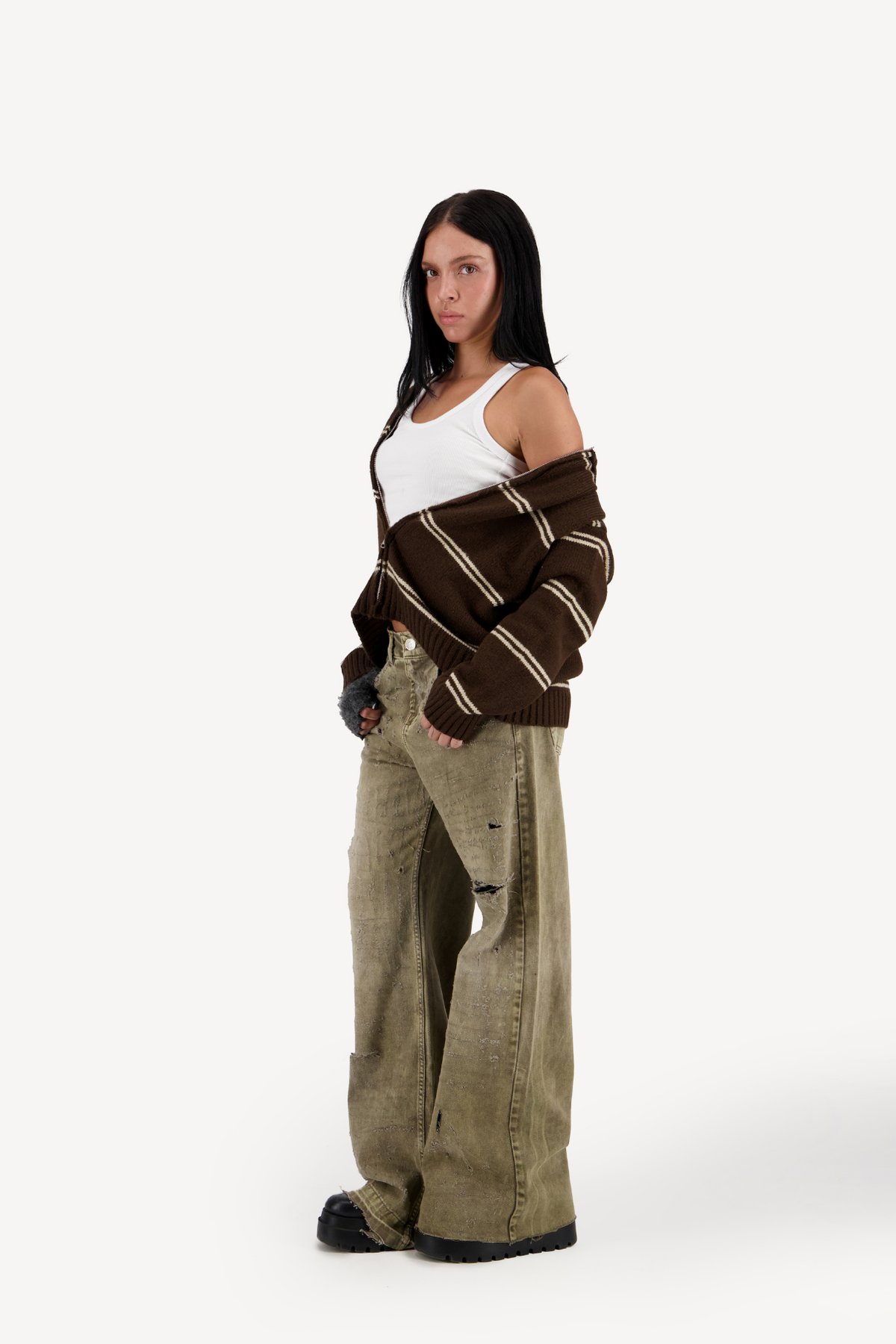 hooded striped knit zip-up