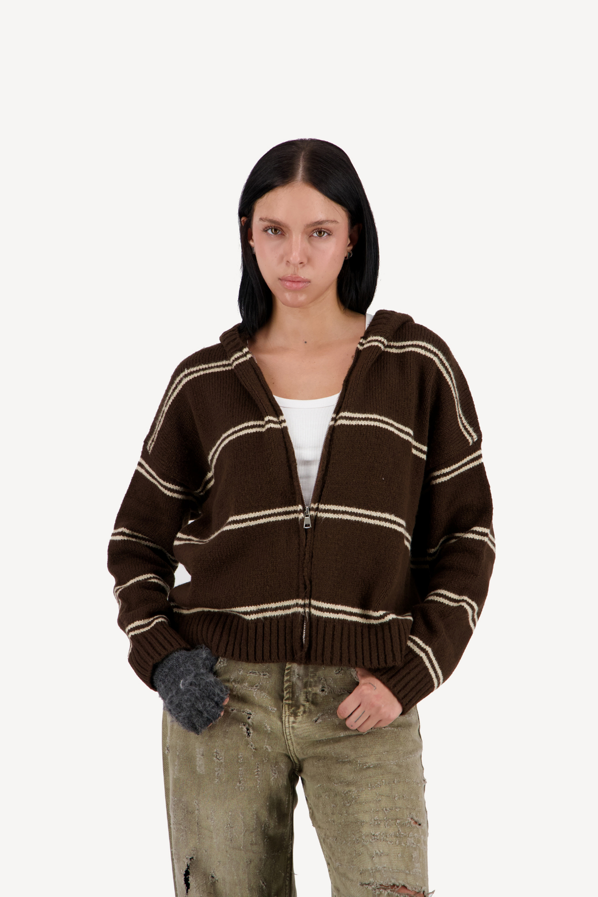 hooded striped knit zip-up