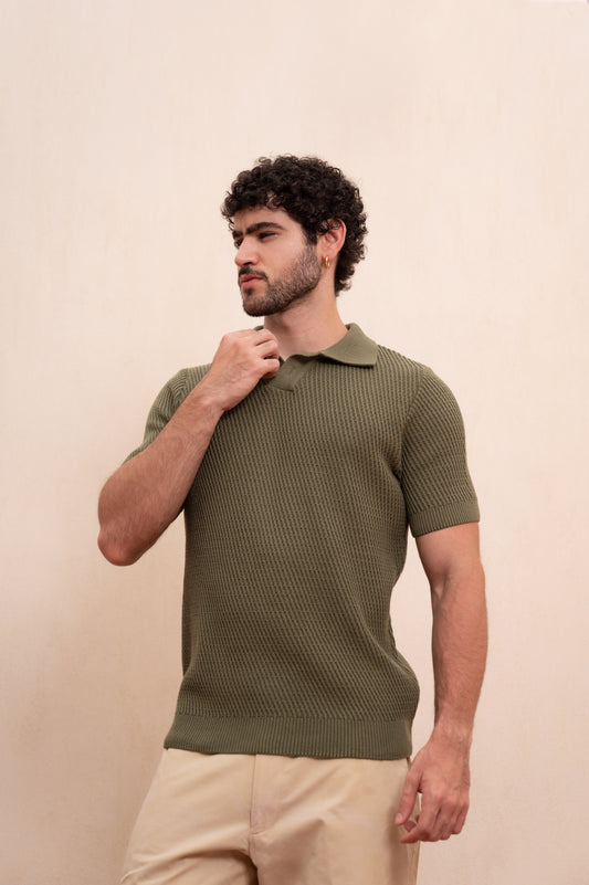 Diagonal Knitted Polo (Olive Green)