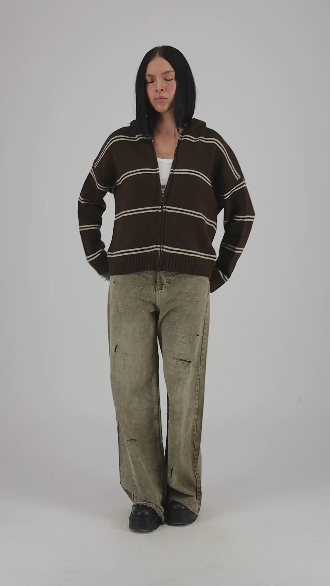 hooded striped knit zip-up