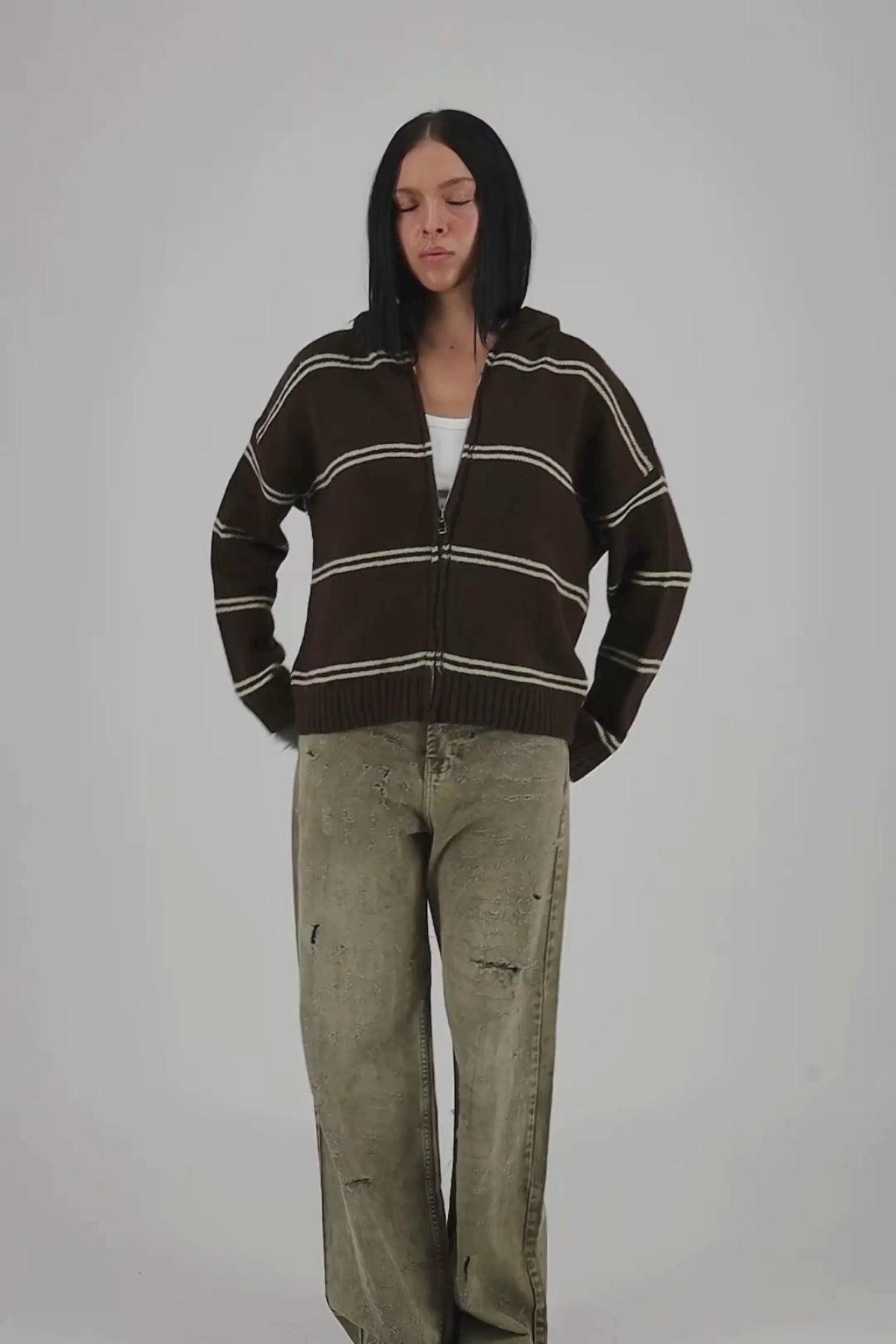 hooded striped knit zip-up